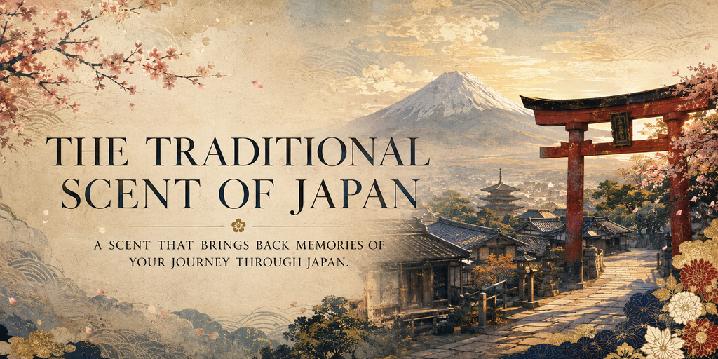 The traditional scent of Japan, evoking memories of a journey through Japan, with Mount Fuji, a torii gate and cherry blossoms
