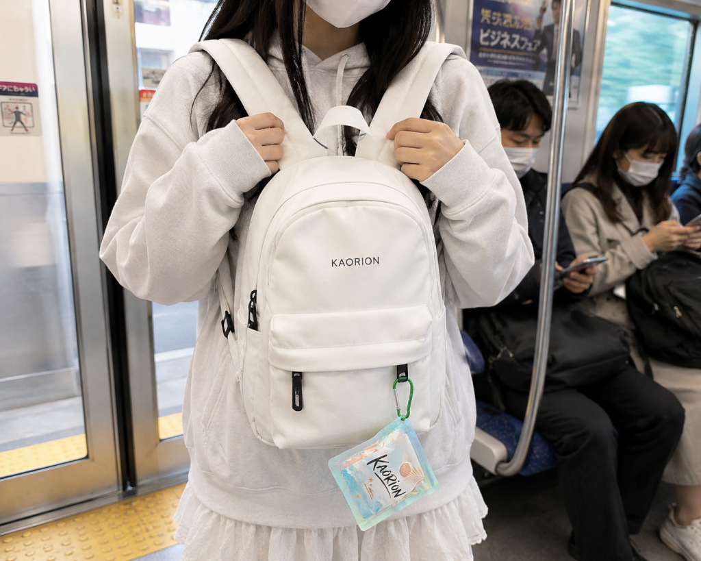 電車内で白いリュックに取り付けたKAORIONミニ
