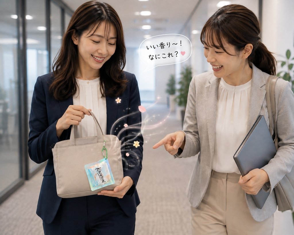 Two women using KAORION BINZUKE SCENT pocket diffusers
