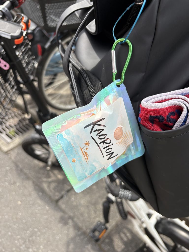 自転車用バッグにカラビナで取り付けたKAORIONミニ
