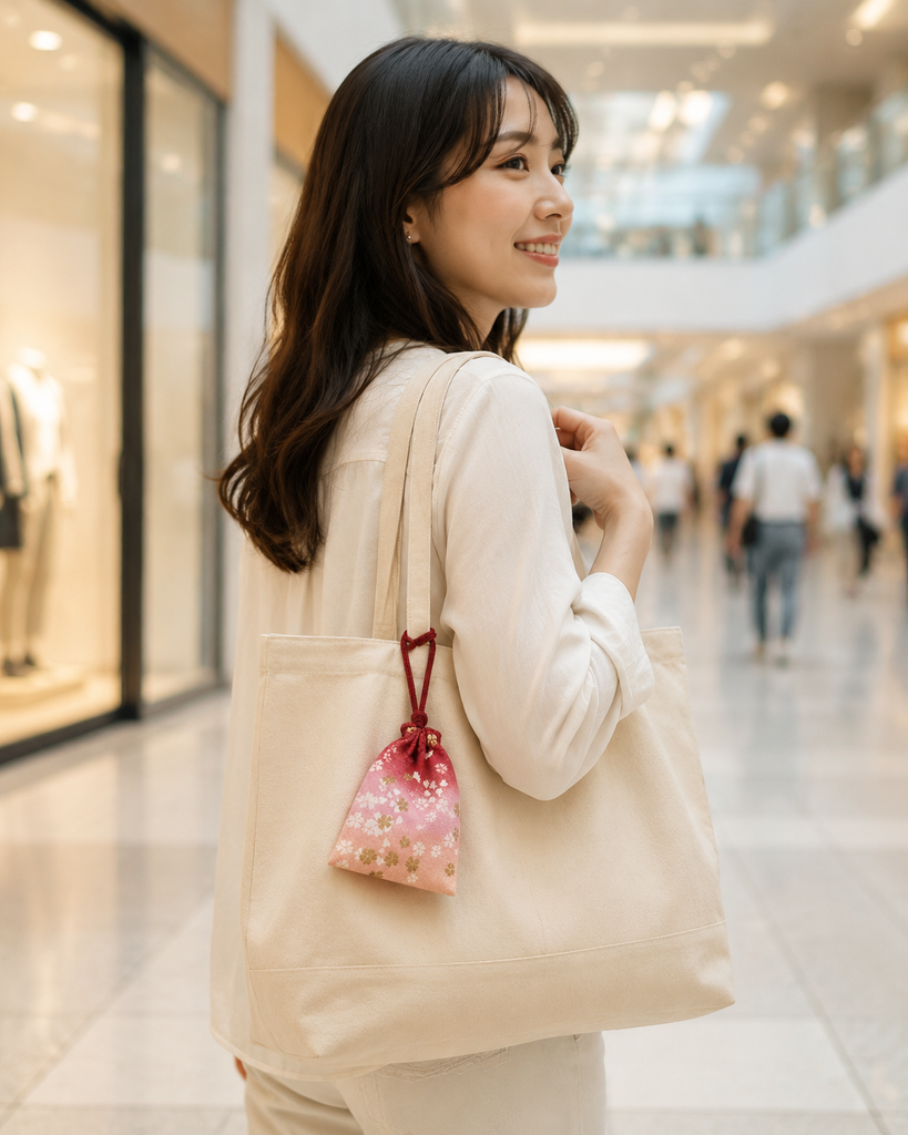 自分だけの香りを、巾着に包んで持ち歩く。KAORIONミニを和柄巾着に入れてバッグに取り付けられます。日常使いだけでなく、贈り物や日本のお土産にも適しています。