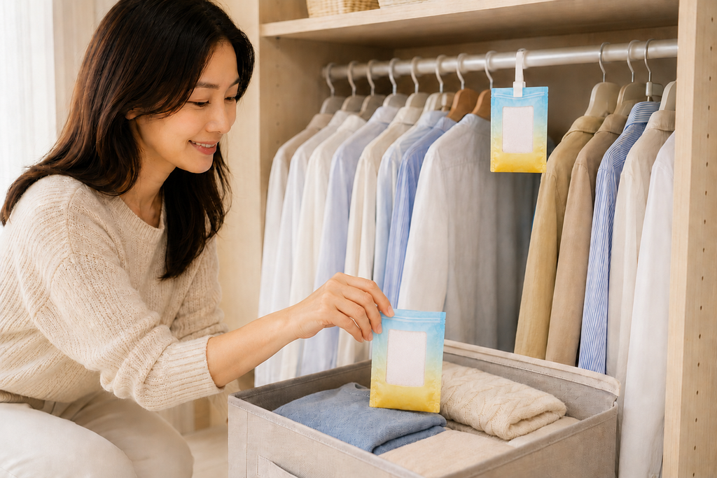 クローゼットを、自分だけの香りで統一。服の香水袋をクローゼットや衣類収納の中に置くことで、異なる香りの混在を防ぎながら、自分だけの香りを衣類へ自然に移します。