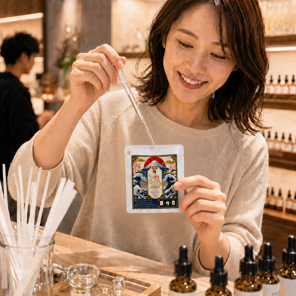 調香した香りを、その場でKAORIONミニへ。調香ショップで作ったオリジナルの香りをKAORIONミニへ注入。自分で作った香りを、その日の思い出とともに持ち帰れます。